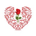 Valentines Day card with red rose and heart