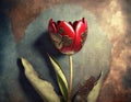 Valentines Day card with red tulip in steampunk style on grunge background. Love concept