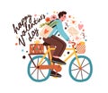 Valentines day card with romantic postman riding bicycle and greeting phrase. Postcard with lettering composition and Royalty Free Stock Photo