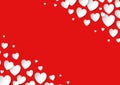 Valentines Day card with scattered vector paper hearts on red background