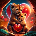 Lion Cubs hugging heart Valentines day card with tiger cubs and heart, vector illustration generative AI animal ai Royalty Free Stock Photo