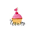 Valentines day card. Vector lettering with painting cute cupcake