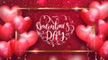 Valentines Day cards with heart shaped air balloons, gold frame and beautiful Lettering. Vector illustration. Royalty Free Stock Photo