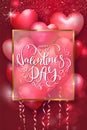Valentines Day cards with heart shaped air balloons, gold frame and beautiful Lettering. Vector illustration. Royalty Free Stock Photo