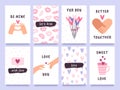 Valentines day cards and prints with hands of couple, hearts and kisses. Cute love gift tags with quotes. Happy Royalty Free Stock Photo