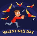 Valentines day. Cartoon man trying to catch flying hearts.