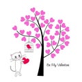 Valentines day cat and bird with tree Royalty Free Stock Photo