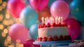 A Valentines Day celebration with colorful balloons in the background a birthday cake on a wooden table and lit candles Royalty Free Stock Photo