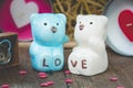 Valentines Day, Ceramic Couple Bears on wood