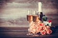 Champagne, roses and message Royalty Free Stock Photo