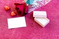valentines day chocolates rose white card and rings Royalty Free Stock Photo