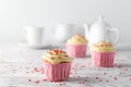 Valentines day coffee cup with cupcakes with hearts