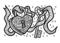 Valentines Day coloring book doodle antistress hand drawn lock and key with heart shape. Zen tangle style. Greeting card