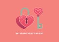 Valentines Day coloring cartoon lock and key with heart shape. Love style. Greeting card with text Royalty Free Stock Photo