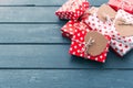 Valentines day composition: gift boxes with bows and hearts Royalty Free Stock Photo