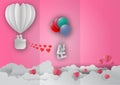 Valentines day concept with balloon and heart shape on pink background with text love, Paper cut style. Vector illustration Royalty Free Stock Photo