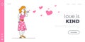 Valentines Day Concept for Landing Page Template. Young Woman Character in Pink Dress Send Air Kiss with Flying Hearts