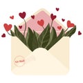 Valentines day concept. Love letter. Flowers with hearts in the envelope in flat cartoons style. Hand-drawn trendy letter with fl