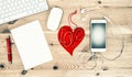 Valentines Day concept. Office Desk Red Heart, Paper, Phone Royalty Free Stock Photo