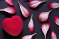 Valentines day concept. Red heart velvet cake on a black wooden surface with delicate Alstroemeria petals Royalty Free Stock Photo