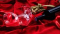 Valentines day. Red wine bottle, glasses and a gift on red satin Royalty Free Stock Photo