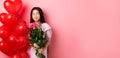 Valentines day concept. Romantic teen asian girl dreaming of love or date, close eyes and smile, holding flowers from Royalty Free Stock Photo