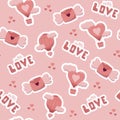 Valentines day concept seamless pattern with vector cute cartoon stickers, air balloons and letters. Pink background for