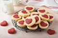 Valentines day cookies. Shortbread cookies inside a sweet red heart on pink plate on pink background. Mothers day. Womans day. Swe Royalty Free Stock Photo