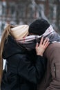 Valentines Day couple outdoors. Winter dating, Date Ideas to Cozy Up. Cold season dates for couples. Young couple in