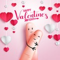Valentines day couple vector background design. Happy valentine`s day text with sweet and hugging finger lovers for romantic. Royalty Free Stock Photo