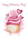 Valentines day cupcake, watercolor postcard