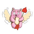 Valentines Day, Valentines Cupid Pink Cat With Little Bow and Big Arrow Ready for Lover`s Heart on White Background
