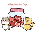 Valentines day.Cute cat carry jar have heart inside.Cartoon hand drawn Royalty Free Stock Photo