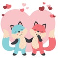 Valentines day cute foxes in love holding hands