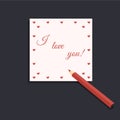 Valentines day: a Cute pink sheet of a pack of writing paper with red hearts and a handwritten inscription I love you and a red pe Royalty Free Stock Photo