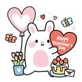 Valentines day.Cute rabbit hold heart with flower cake and balloon on white background.Rodent Royalty Free Stock Photo