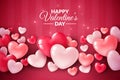 Valentines Day 3d Hearts. Cute Love Banner, Romantic Greeting Card Happy Valentines Day Wishes Text, Red Heart Balloons