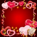 Valentines day dark red background with pink and red hearts, shining garlands, gifts box, tinsel Royalty Free Stock Photo