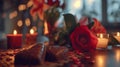 Valentines day decorated table with heartshaped chocolate and a rose in a candle lit cosy setting