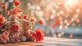 Valentines day decorated table with a teddybear holding a heart leaning at flowers in red and pink, bright setting. Copyspace Royalty Free Stock Photo