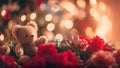 Valentines day decorated table with a teddybear on a sea of red and pink flowers. Cosy setting