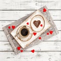 Valentines Day decoration red hearts Romantic breakfast coffee Royalty Free Stock Photo