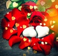 Red roses hearts Valentines Day decoration golden bokeh Royalty Free Stock Photo