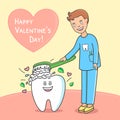 Valentines day dental card. Dentist brushing tooth.