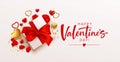 Valentines day design template with gift box with red bow, gold and red hearts on white background. Vector illustration Royalty Free Stock Photo