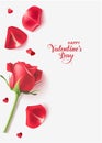 Valentines day design templates. Gray background with red rose, heart confetti and petals.