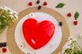 Valentines Day dessert.Mousse Cakes.Red heart cake and daisies.Heart cake. wedding dessert cake with berries and Royalty Free Stock Photo