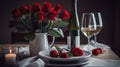 Valentines day dinner with table place setting with red gift, glass for champagne, a bottle of champagne, pink roses, generative Royalty Free Stock Photo