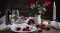 Valentines day dinner with table place setting with red gift, glass for champagne, a bottle of champagne, pink roses, generative Royalty Free Stock Photo