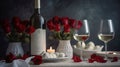 Valentines Day Dinner - White Romantic Table Setting With Wine Gift And Red Roses, generative ai